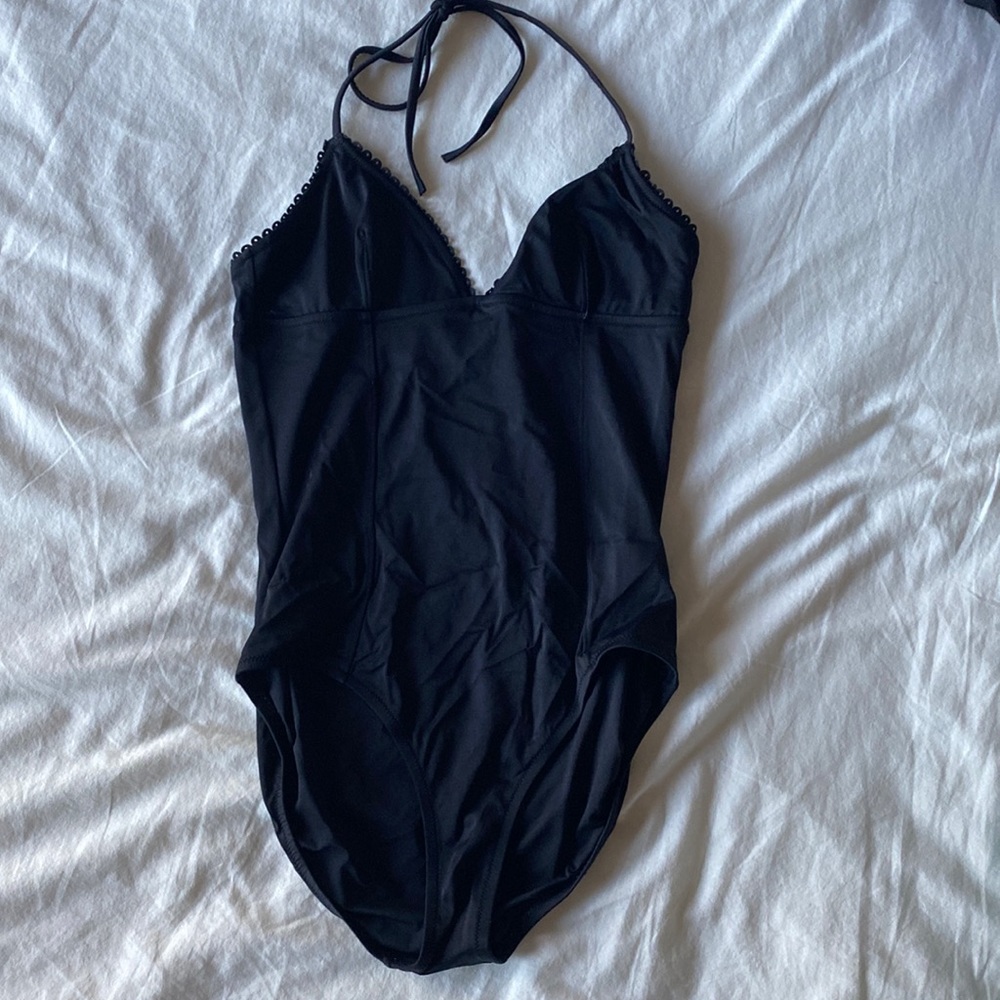 J.Crew black one piece swimsuit, size 8, halter top, looped edge, slimming lines